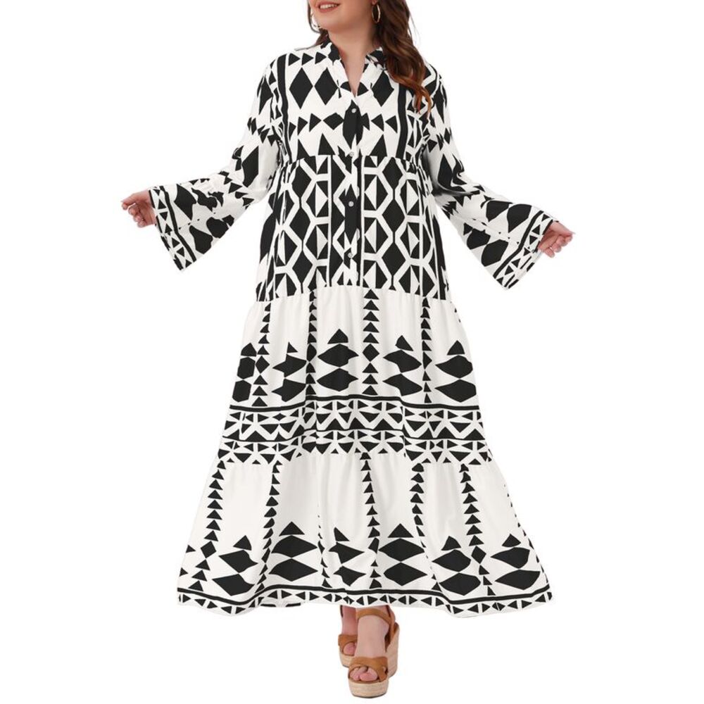 Womens Plus Size Button Flared Bell Sleeve Tiered Maxi Dress Black